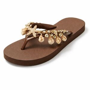 Women’s Shell Charm Flip Flop Sandals Starfish Beach Boho Summer Brown